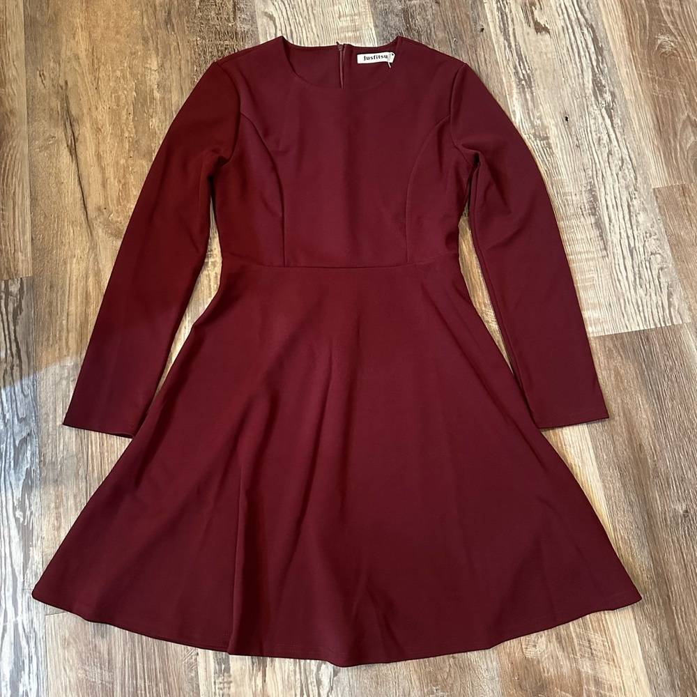 NEW Jusfitsu Women's Long Sleeve Dress A-Line Skater Dress - Wine Red - Small